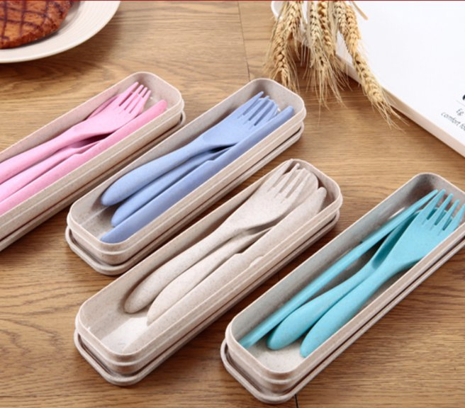 Eco Friendly Biodegradable Wheat Straw Fiber Fork Spoon Knife Flatware Travel Cutlery Set