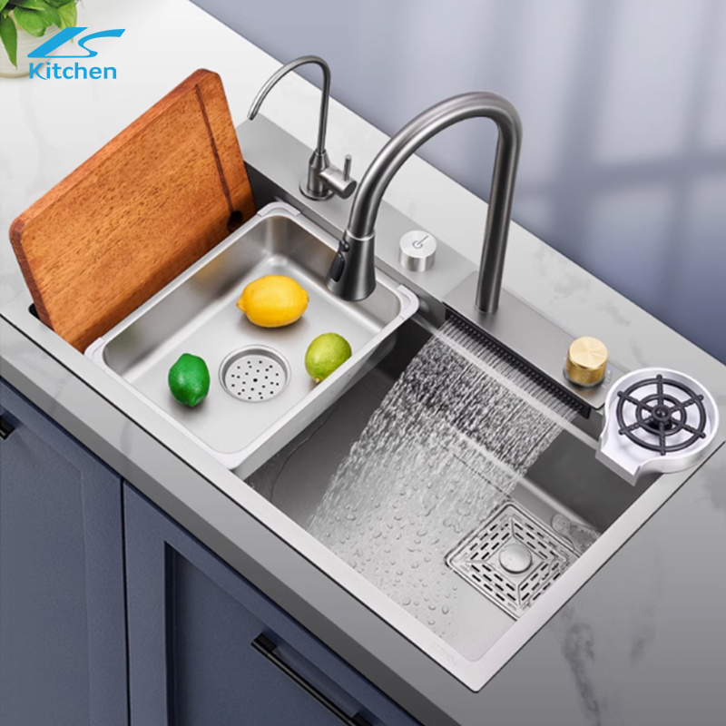 Modern Multifunctional Undermount Sink 304 Stainless Steel Smart Waterfall Kitchen Sink with Faucets