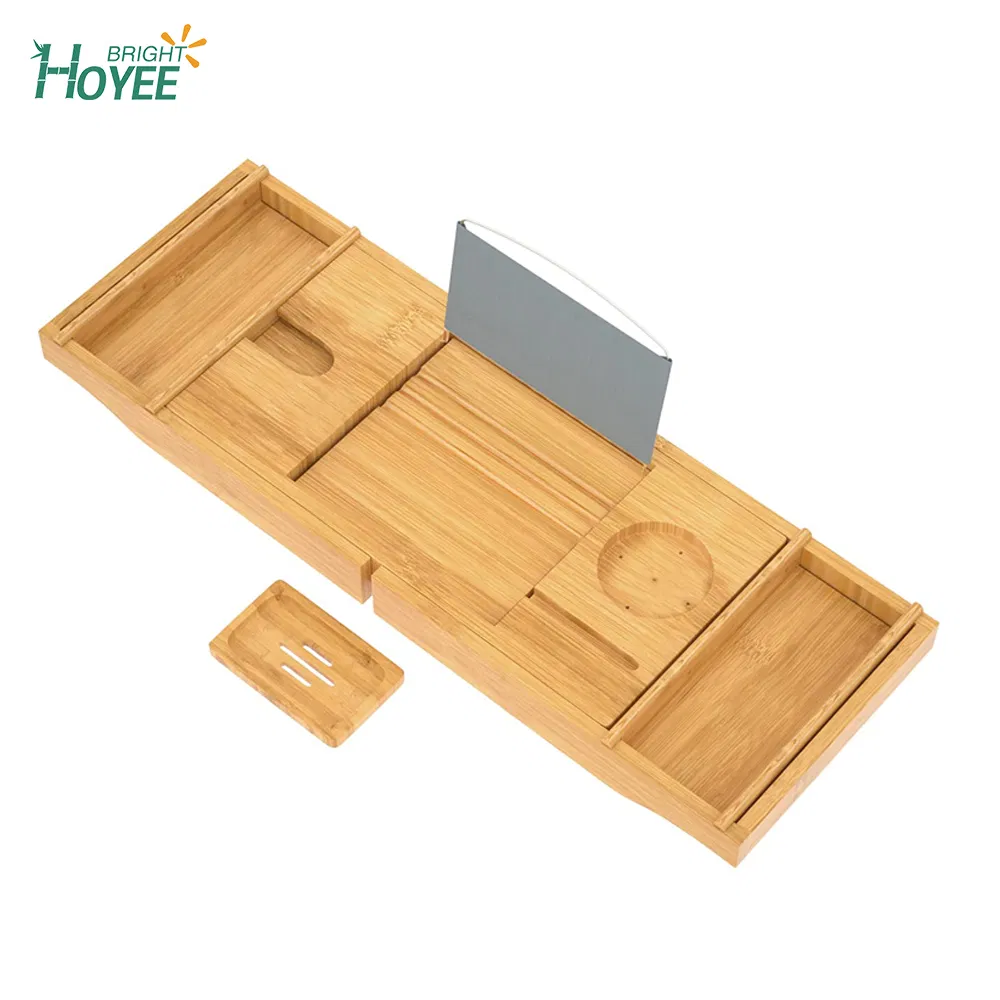 Expandable Bathtub Caddy Tray for with Wine and Book Holder, Natural