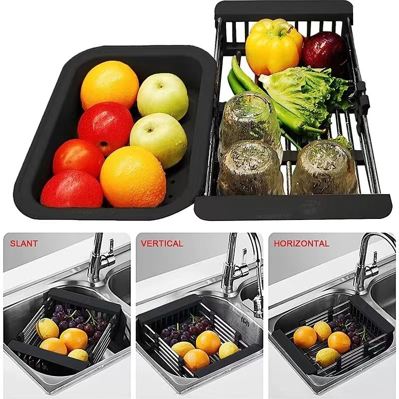 Kitchen Organizer Stainless Steel Sink Dish Drainers Drain Basket Over Sink Adjustable Extendable Dish Drying Rack