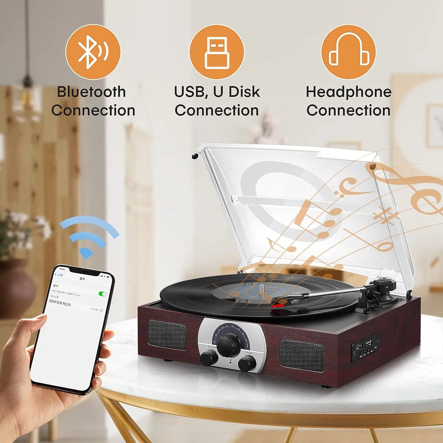 Ретро-проигрыватель винила с 3 скоростями и FM/AM