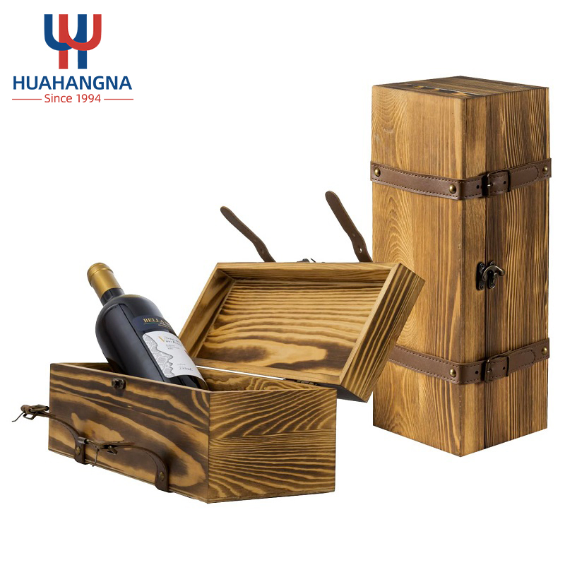 Vintage Brown Wood Single Wine Bottle Holder Gift Box with Leatherette Buckle Straps and Locking Latch
