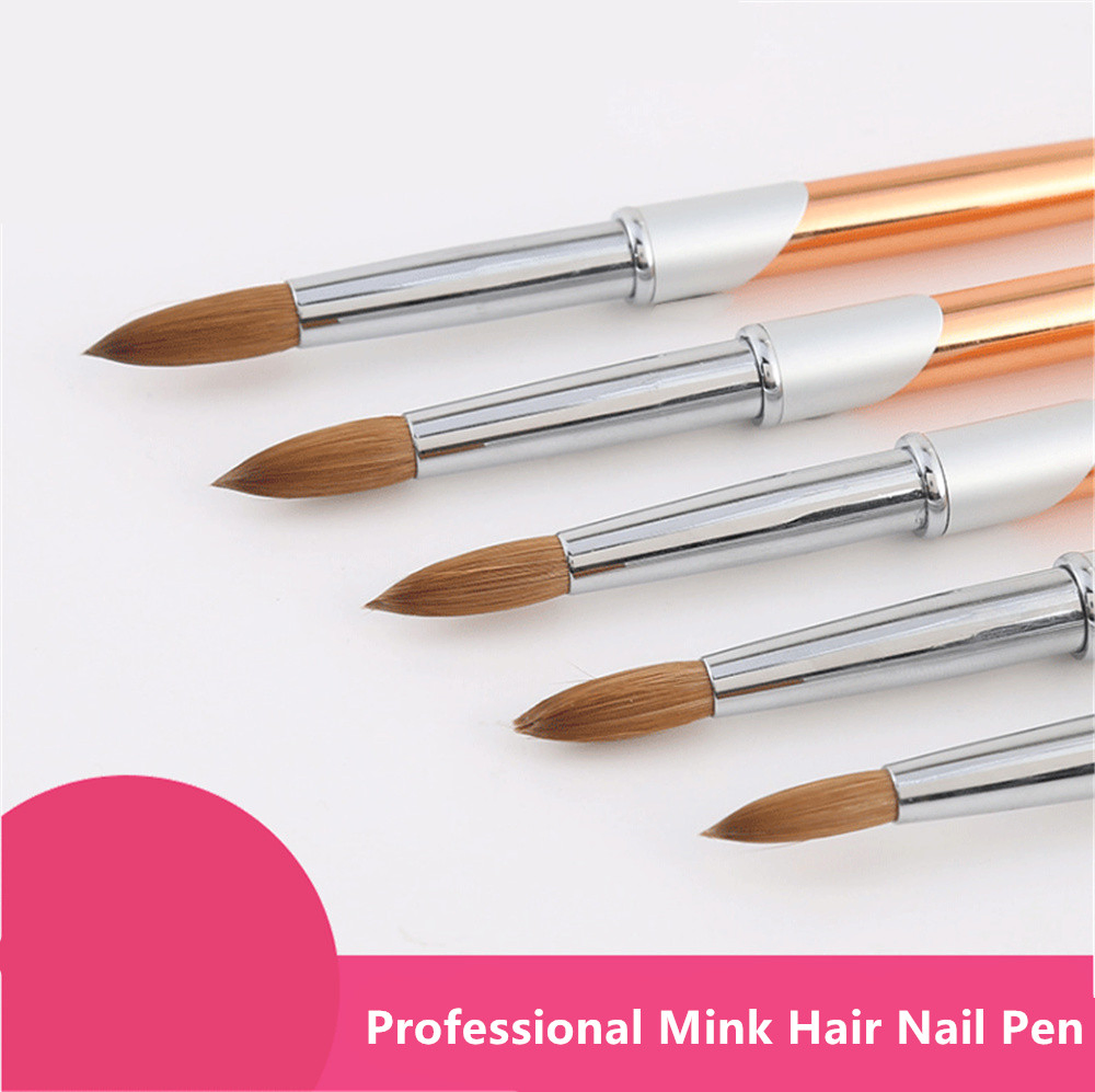 New Type of Mink Hair Kolinsky Nail Pen Nail Gel Brush with Rose Gold Aluminum Handle Metal Nail Art Pen Nail Brush