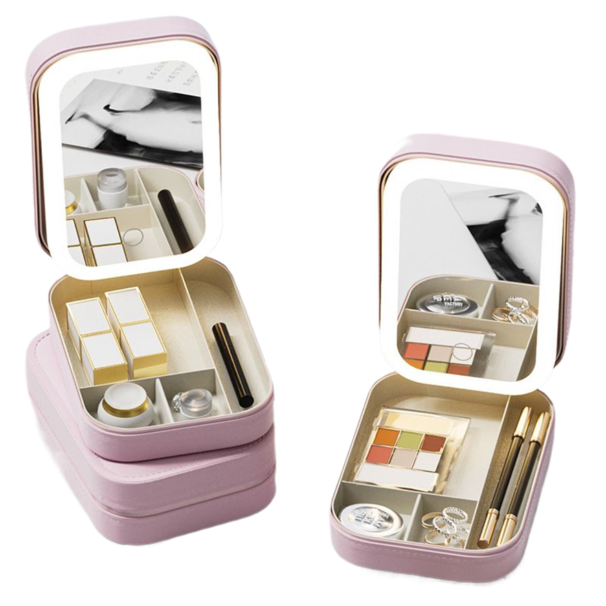 Vanity Leather Cosmetics Set Box for Women Compact Rechargeable Mirror with LED Makeup Mirror
