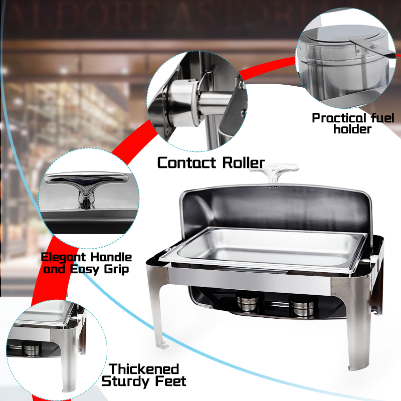 Daosheng 9L Stainless Rectangular Chafer Buffet Food Warmer Oblong Roll Top Chafing Dish Set