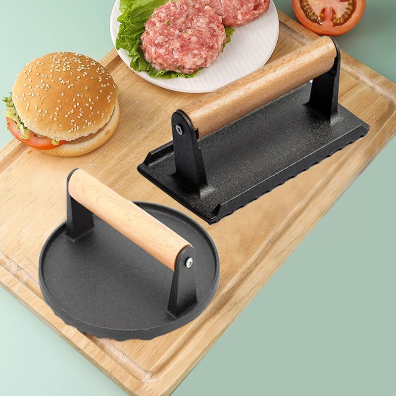 OEM ODM Wood Handle Hamburger Patty Maker Metal Meat Press Stuffed Steak Burger Press Bacon Presser BBQ Cast Iron Grill Press
