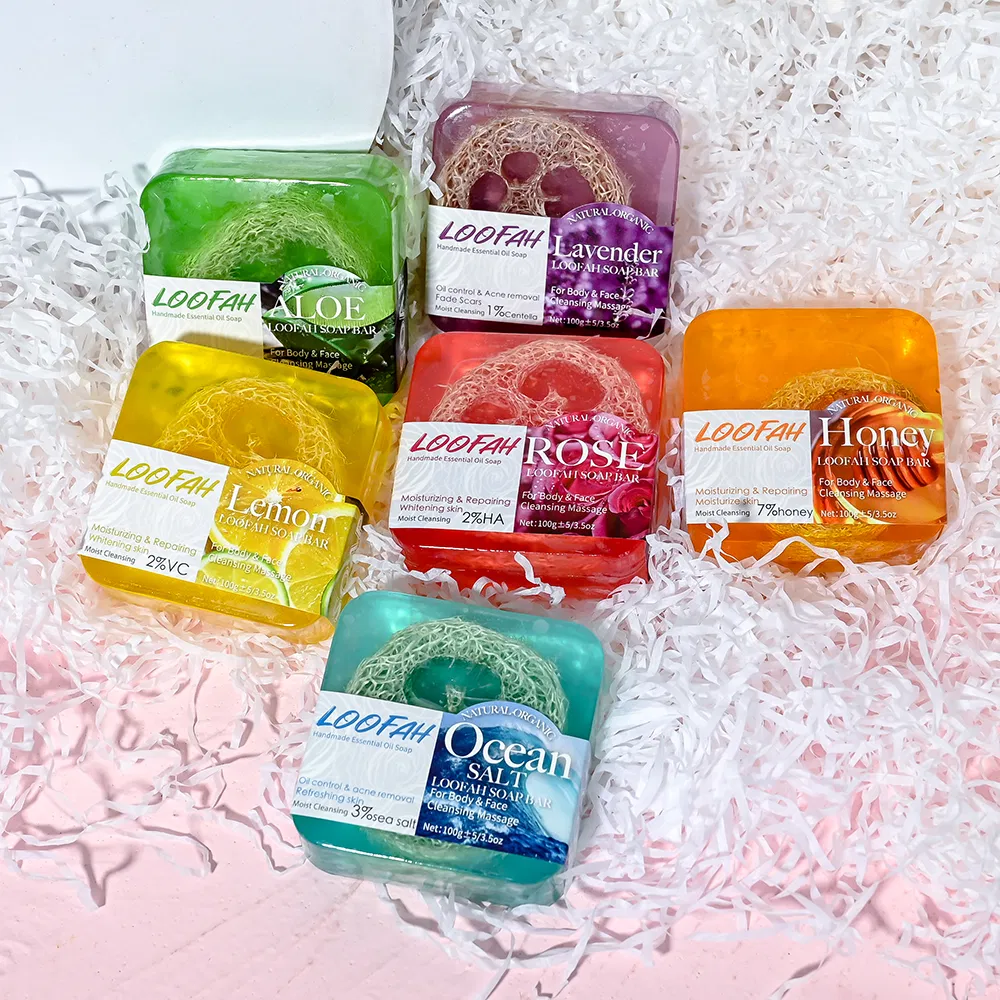 Organic Whitening Lightening Loofah Handmade Essential Oil Soap Bar for Face Cleaning