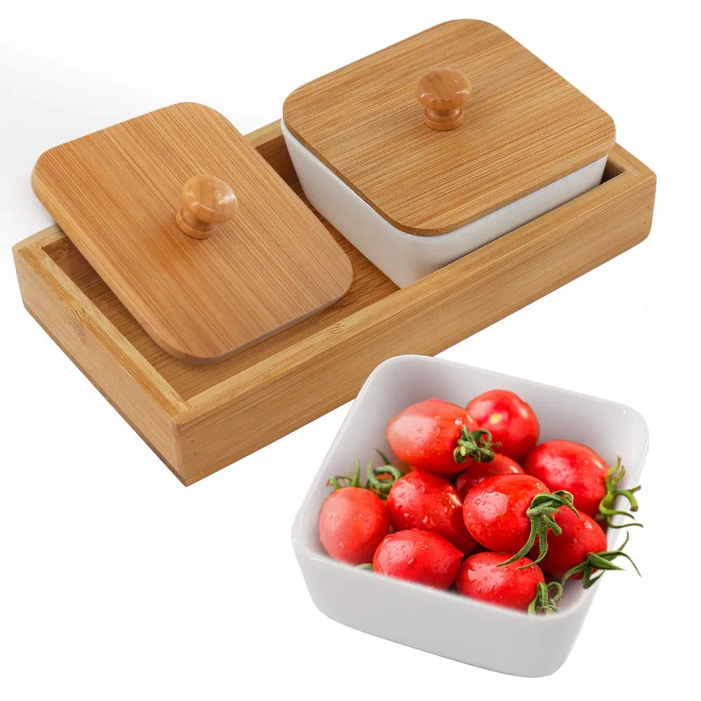Food Server Set Tabletop Snack Serving Trays White Ceramic Relish Serving Bowl Set with Bamboo Lids & Bamboo Tray
