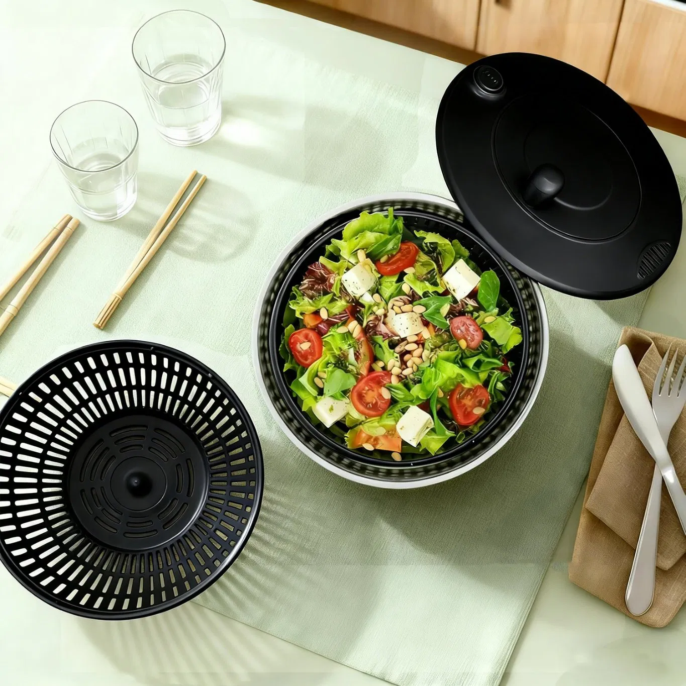 BPA Free Non Slip Stainless Steel 304 4L Multifunction Stainless Steel Salad Spinner with Grater Egg Tray for Home Kitchen Salad