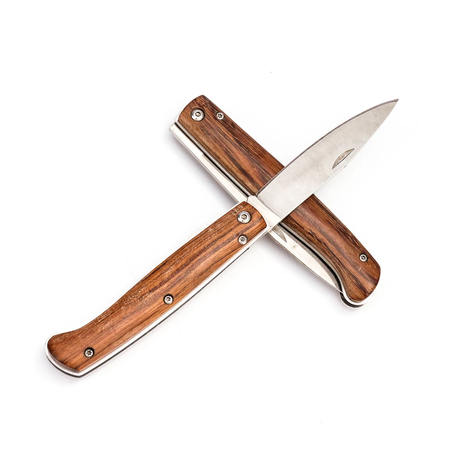 4.25 Inches Classical Wood Handle Liner Lock Folding Knife with Satin Polishing Fat Drop Point Blade