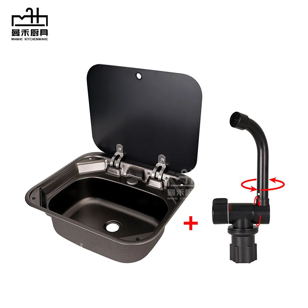 Black RV Caravan or Boat Stainless Steel Hidden Wash Basin Sink with Folded Faucet Tempered Glass Lid Van Camper Trailer
