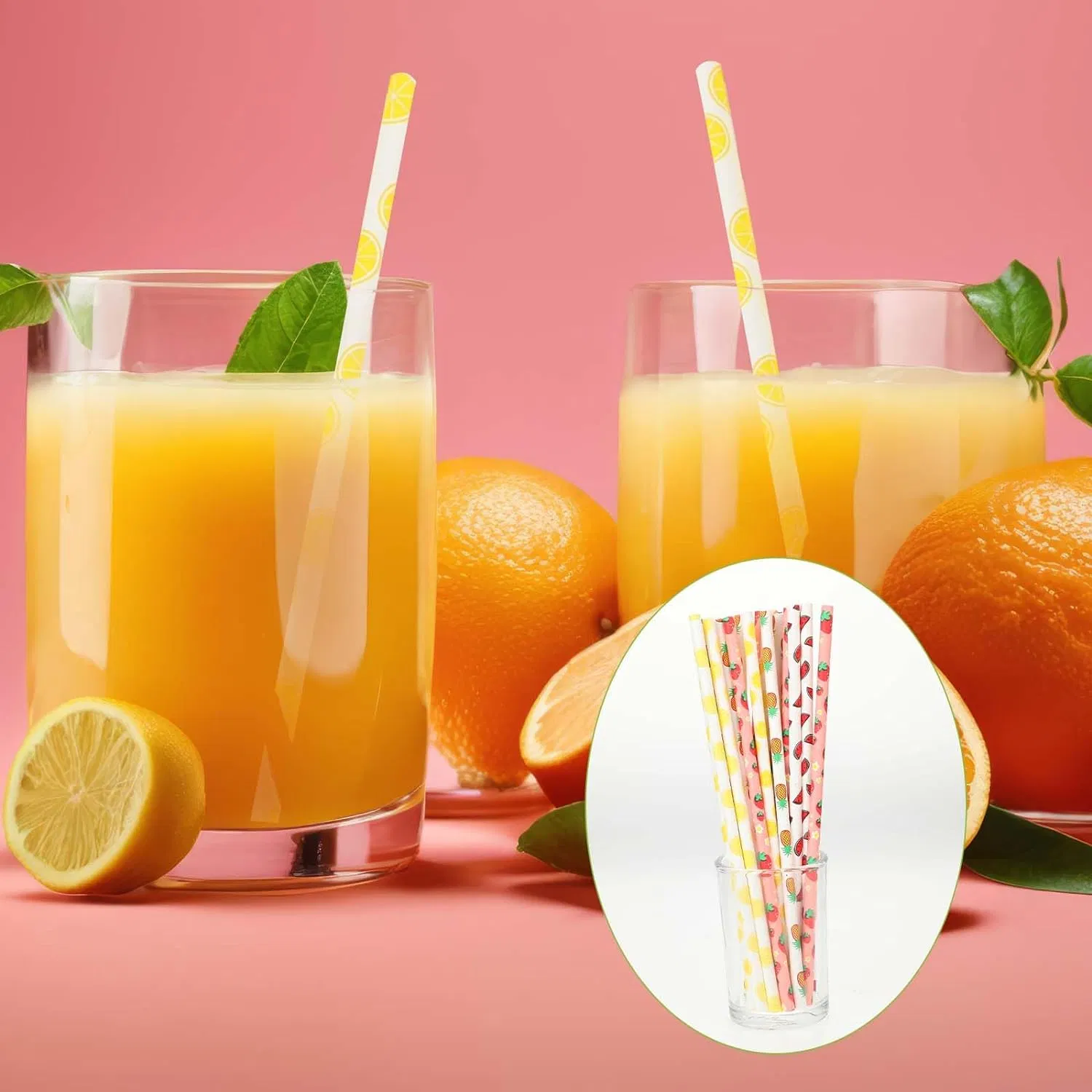 Summer Hot Pink & Green Party Supplies -25 Pack- Garden Wedding Supplies, Vintage Assorted Color Polka DOT & Chevron Striped Fruit Watermelon Paper Straw