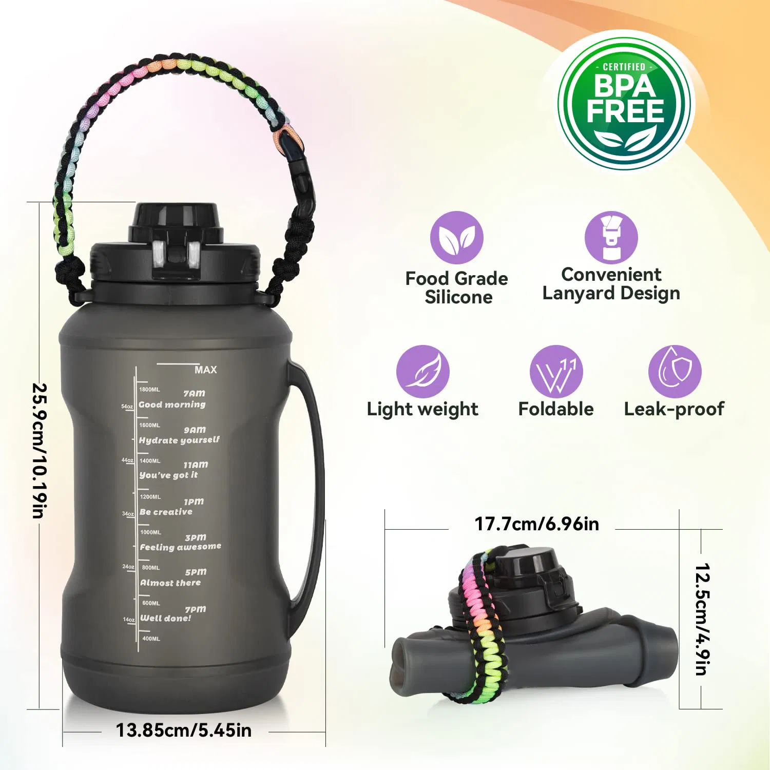 Collapsible Large Water Bottle - 68oz BPA Free Silicone Reusable Flat Water Cup with Straw, Paracord Handle, Lightweight Leakproof Travel Flask for Gym, Running