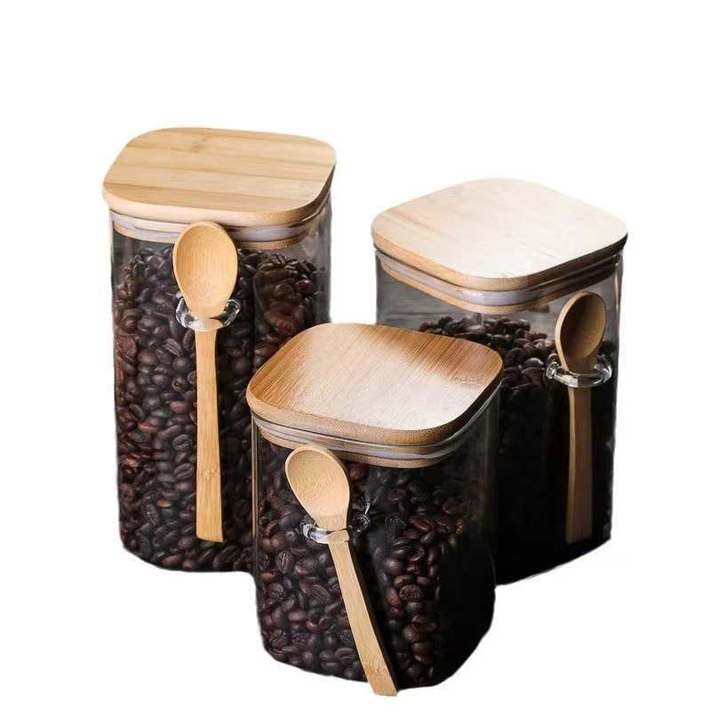 Набор стеклянных банок для кофе с деревянной крышкой и ложкой