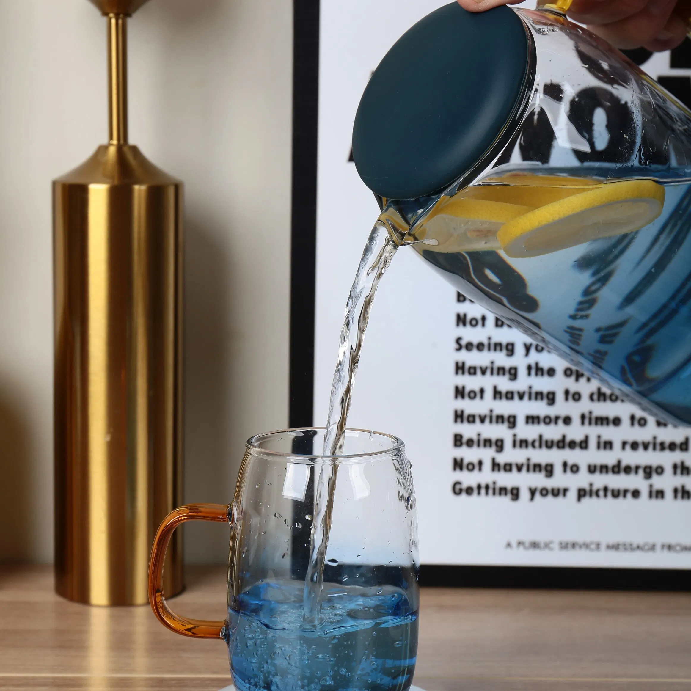 Amazon Blue Color Glass Water Pitcher Set Glass Juice Water Pot Cup Set