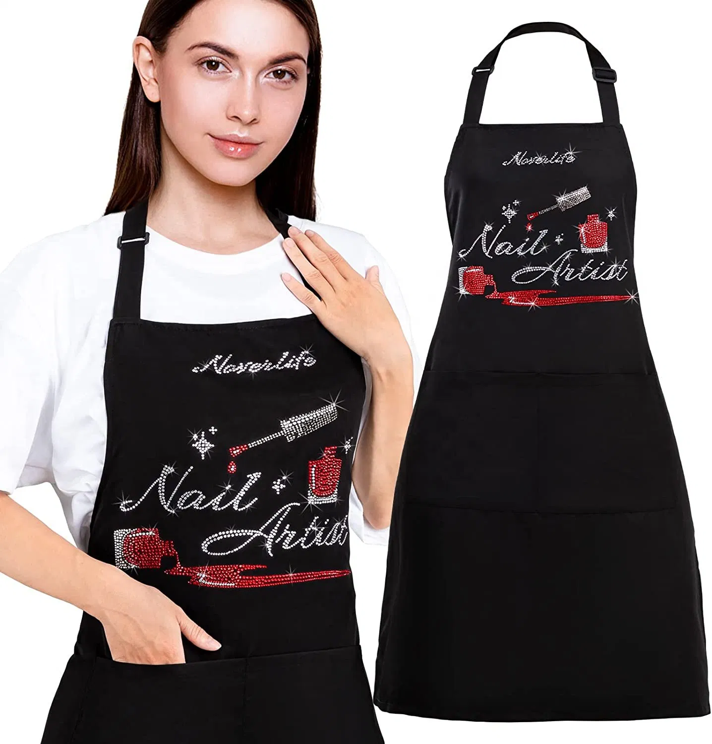 Personalised with Rhinestones Protective Aprons Nail Technician Manicure Custom Unisex Apron 2 Pockets Adjustable Manicurist
