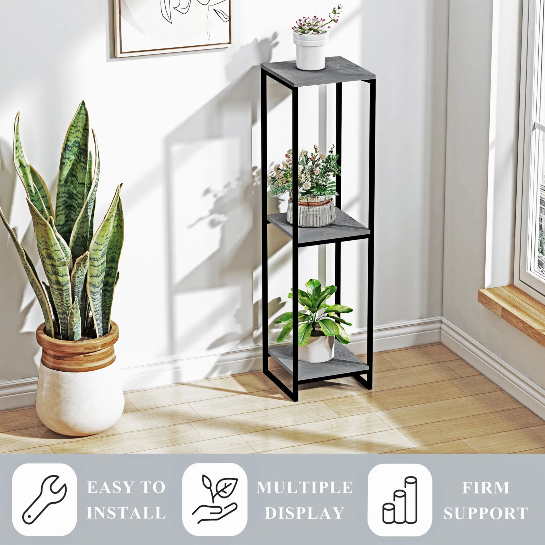 Stylish 3-Tier Grey Indoor Plant Stand for Corner Spaces