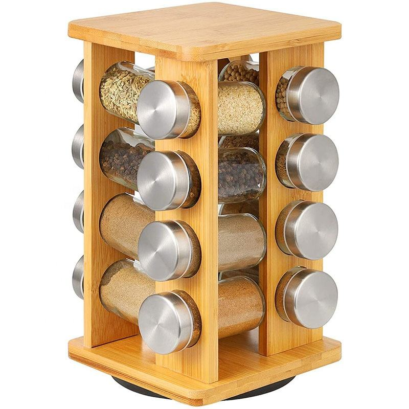 Kitchen Accessories 16 Filled Bottle Rack Rotation Spice Organizer for Countertop Revolving Bamboo