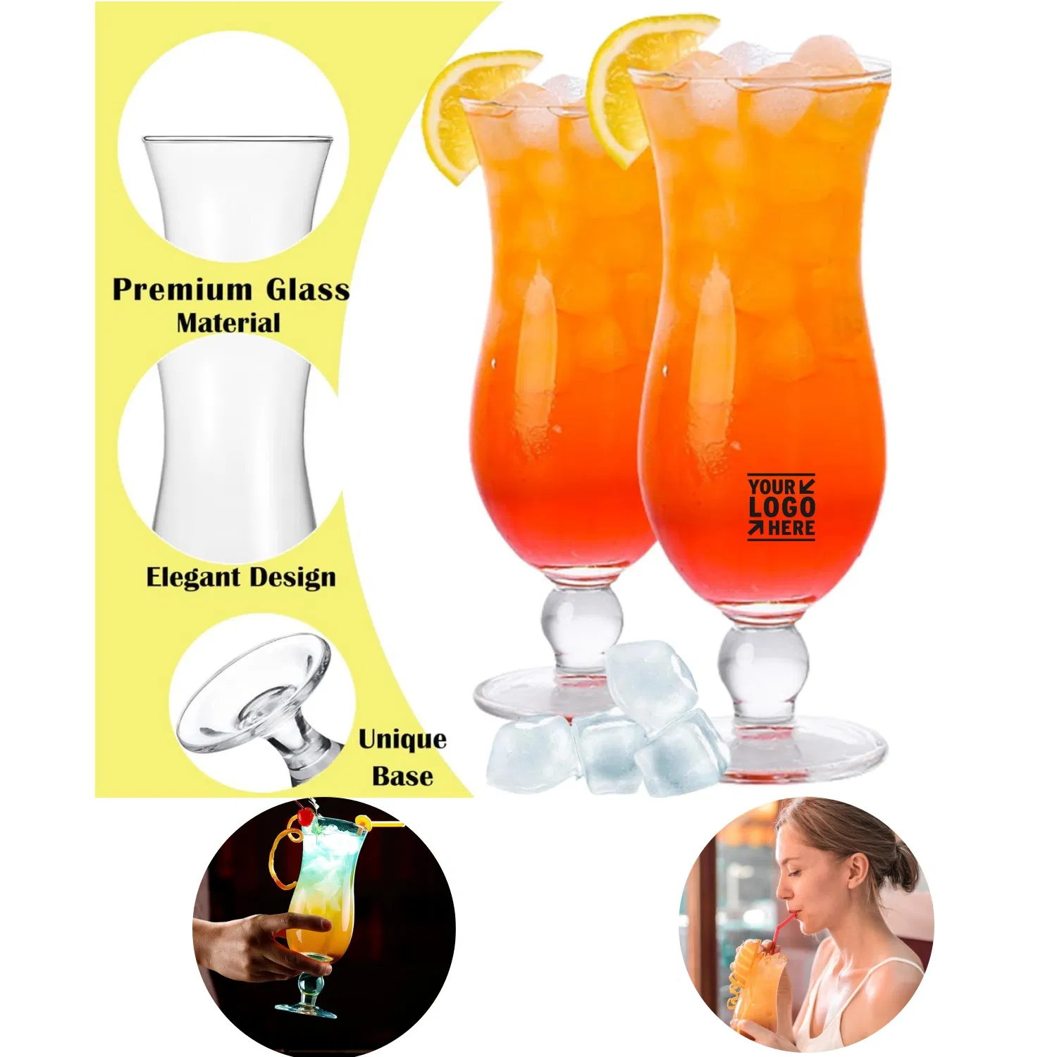 Hurricane Glass Cups for Juices, Cocktails, Full-Bodied Beer, Tropical Drinks, Water, Beverages