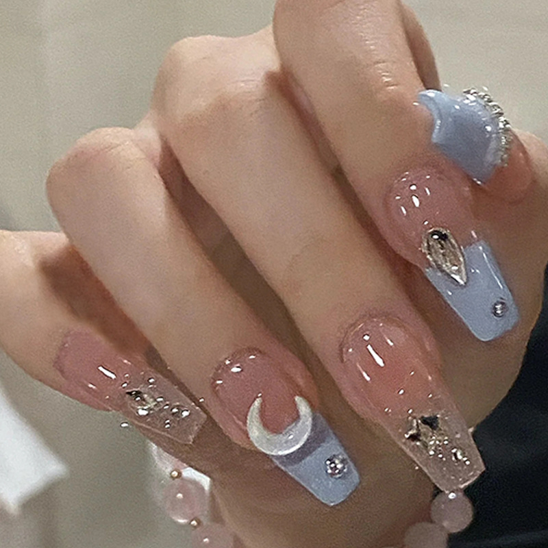 Light Blue French Three-Dimensional Diamond Star Moon Nail Patch Long Ballet Nail Wear a Fashion Light Luxury Fake Nails