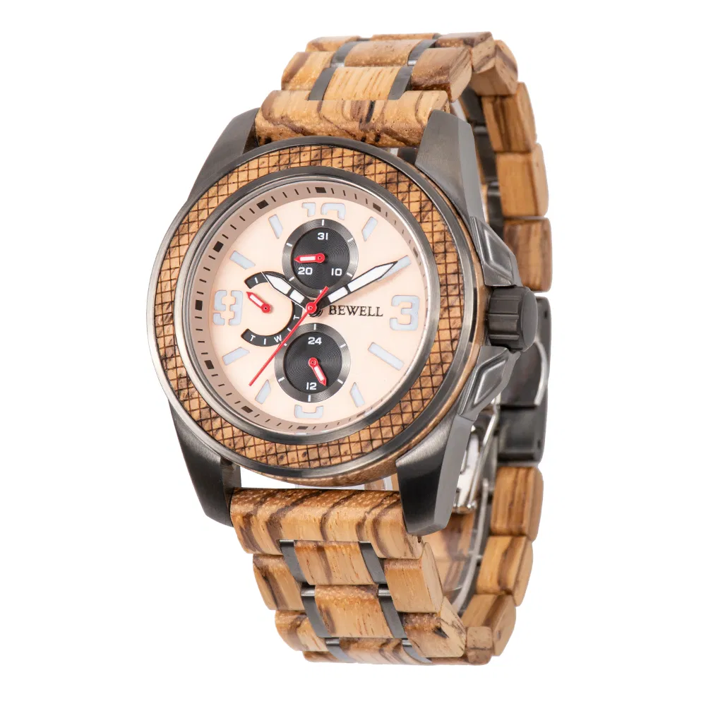 on Sales Modern Chronograph Wrist Watch Stainless Steel & Wood Watch Men Luxury Wristwatch Custom Logo Timepiece