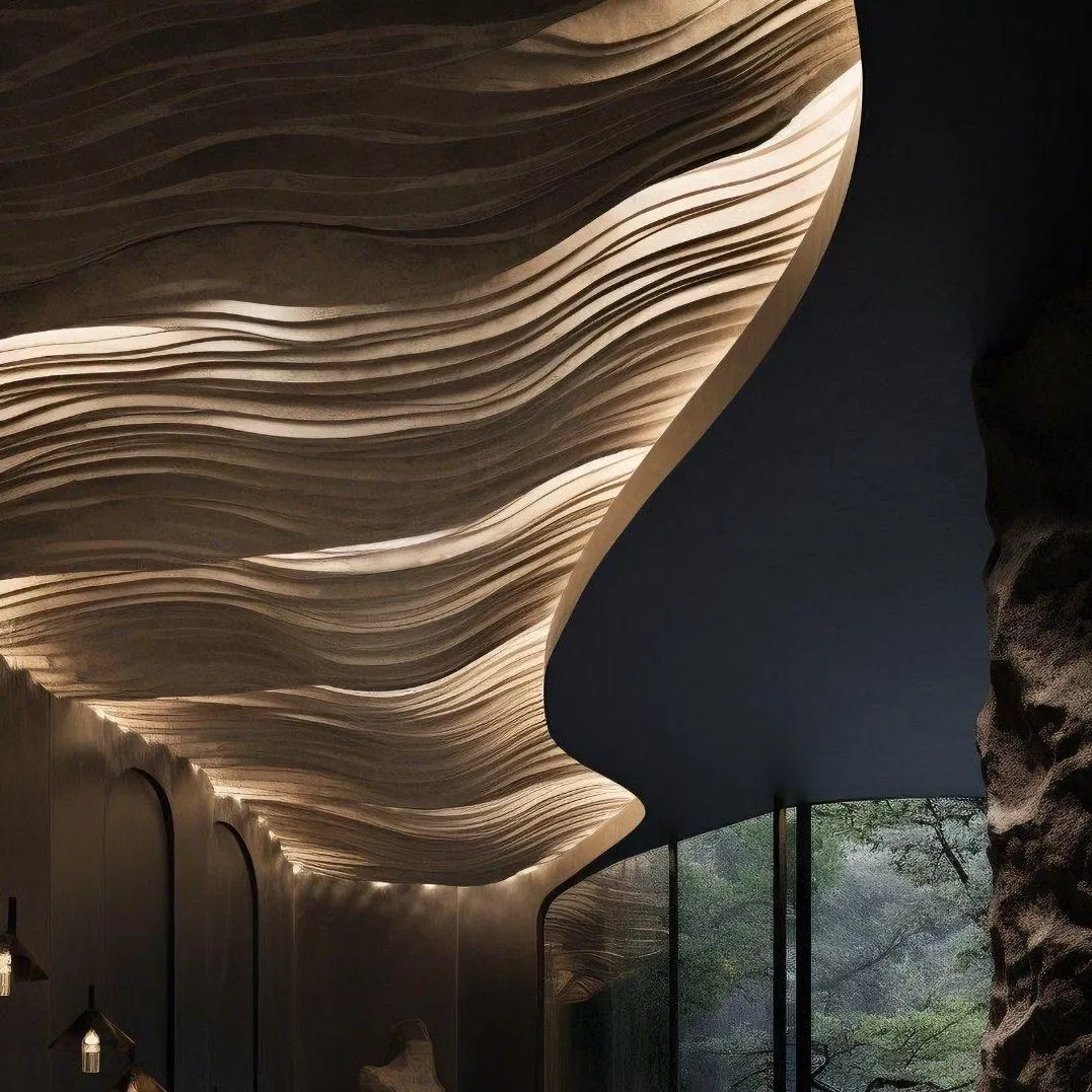 Wood Grain Color Ceiling Facade Decorative Panels 3D Curved Wave Aluminum Baffle Ceiling Panel