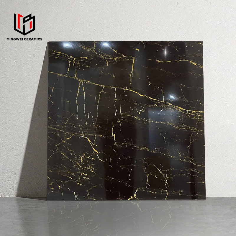 Premium Glossy Marble Pattern Tiles for Hotel Flooring Gilded Black Tile