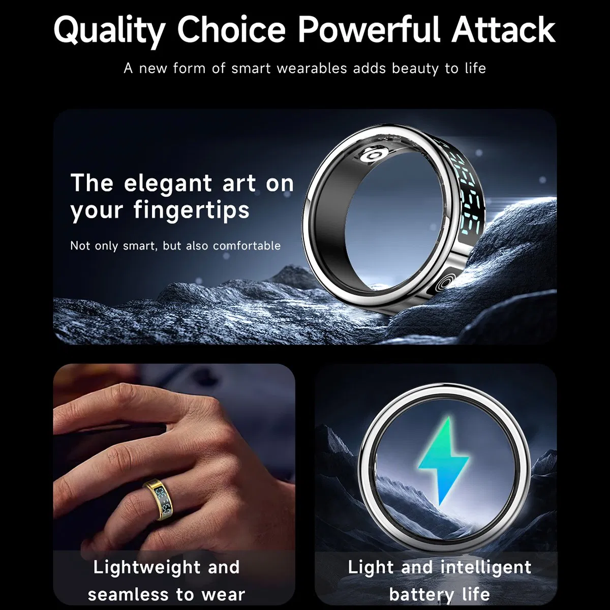 Sr08 Digital Display Smart Ring, Sleep Tracker Blood Oxygen Heart Rate Monitor Ring with Charging Case - Bright Black / Size 8