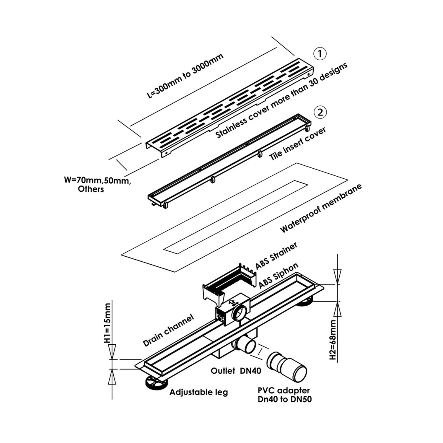 Bathroom Invisible Stainless Steel Shower Drain Long Linear Tile Insert Floor Drain