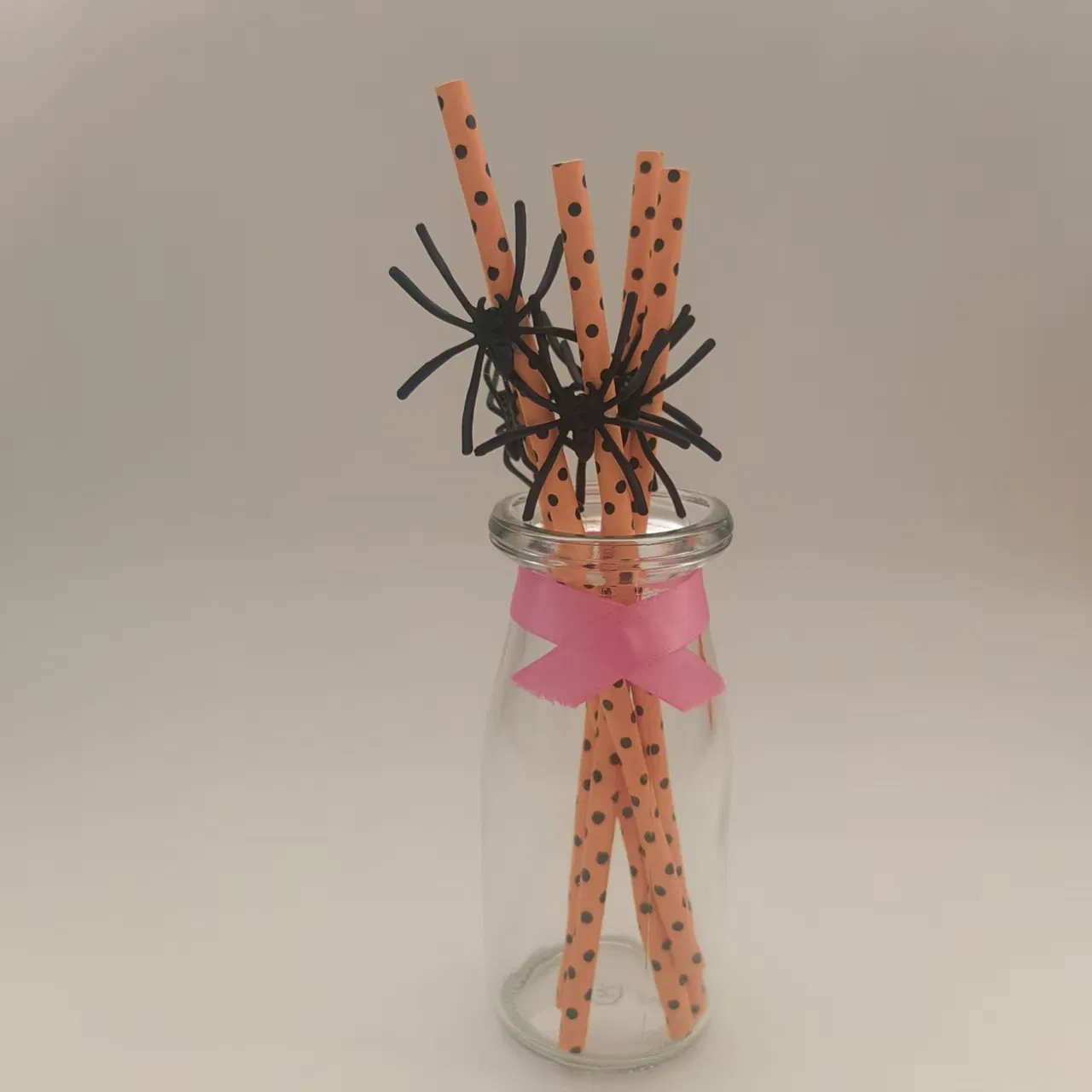 Plastic Spider Halloween Decoration Black Orange DOT Disposable Party Paper Straw