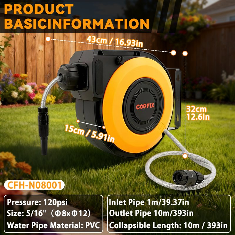 Retractable Garden Hose Reel - 1/2 Inch X 50FT Wall Mounted Hose Reel with 3/4 Inch Brass Fitting & 10 Function Sprayer Nozzle