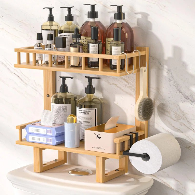 Chic Bamboo Over Toilet Storage Shelf with Hooks and Tissue Holder