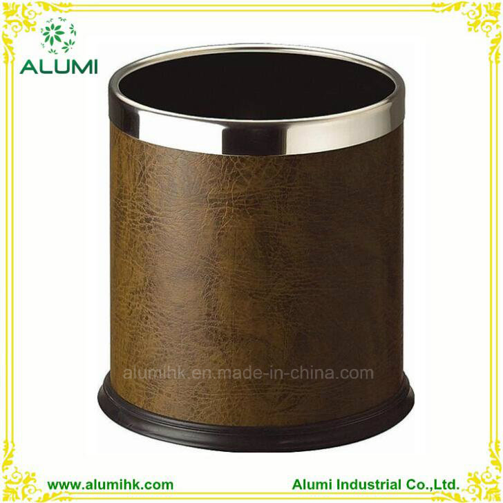 Hotel Black Leather Waste Bin with Double Layer