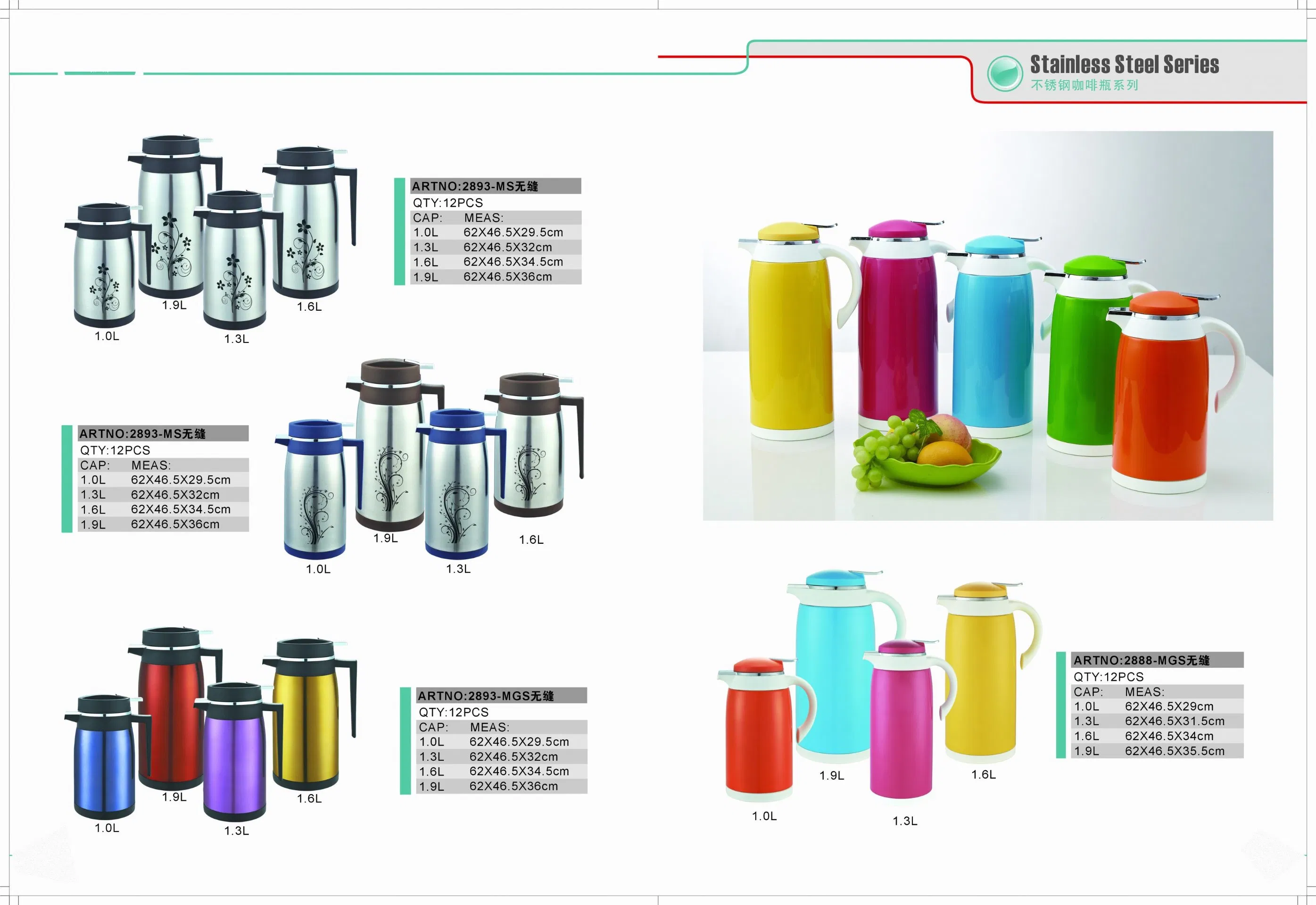 1L 1.3L 1.6L 1.9L Plastic/Stainless Steel Body Glass Vacuum Refill Flask