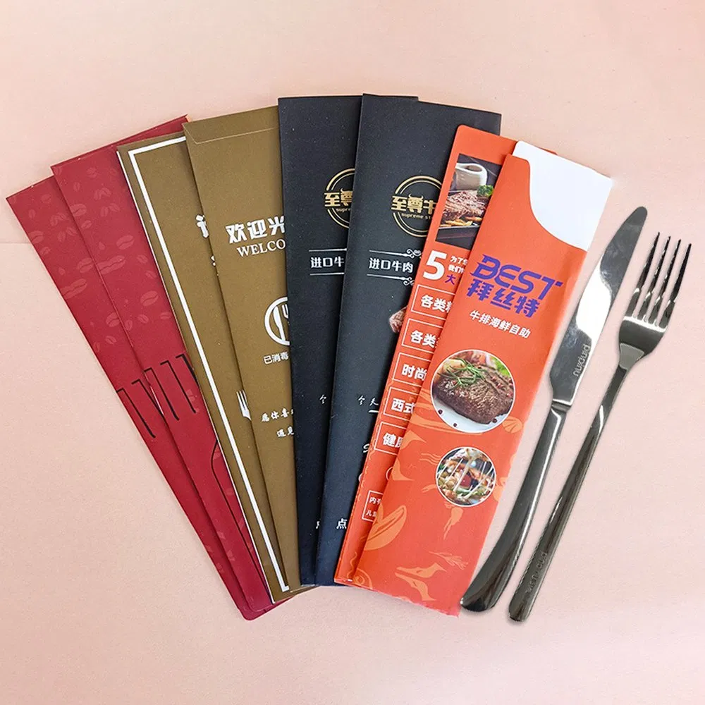 Custom Restaurant Fork Knife Spoon Paper Sleeve Pouch Flatware Silverware Set Kraft Paper Pocket Cutlery Paper Bag with Napkin