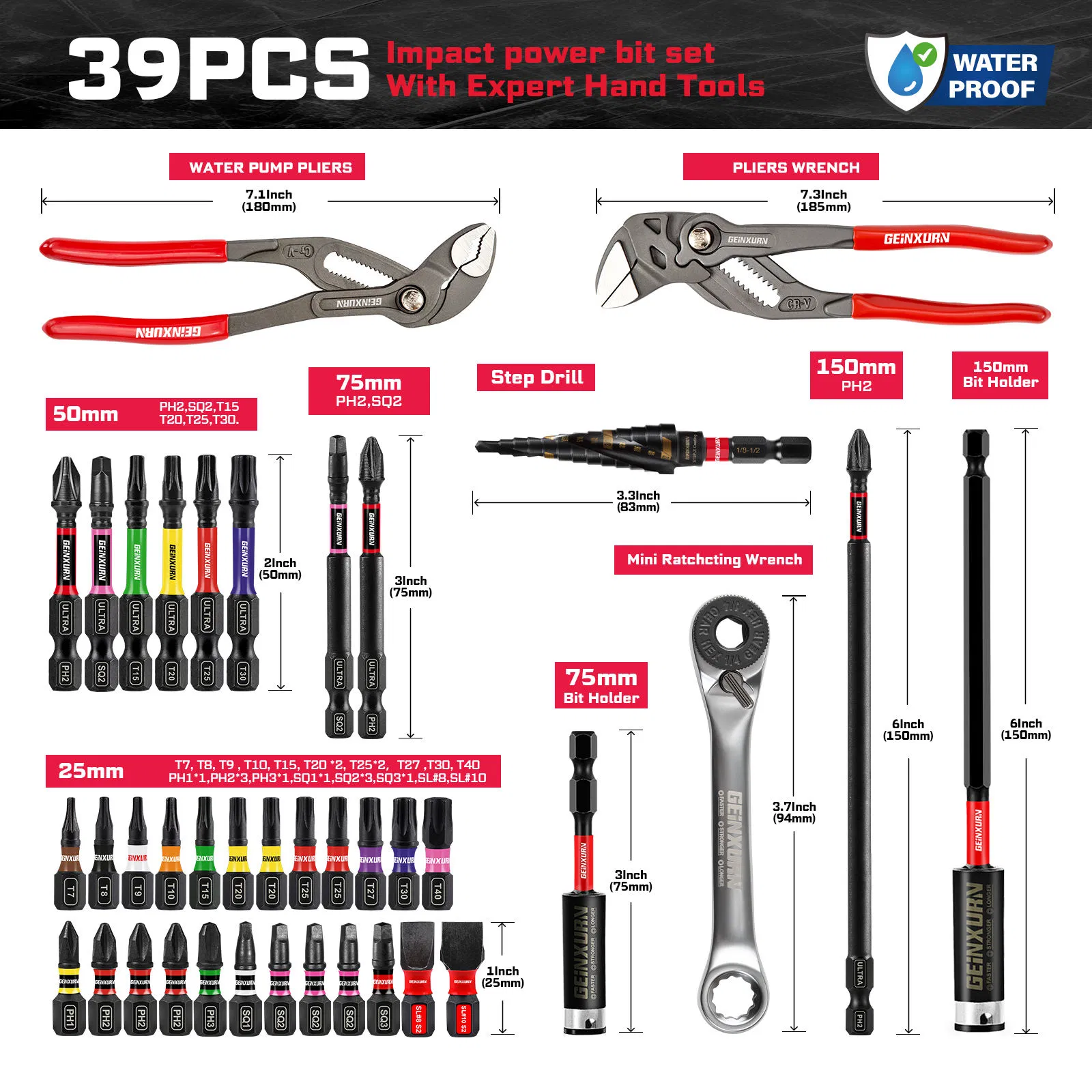 Набор инструментов 39PCS для авторемонта, ударный бит, сталь S2