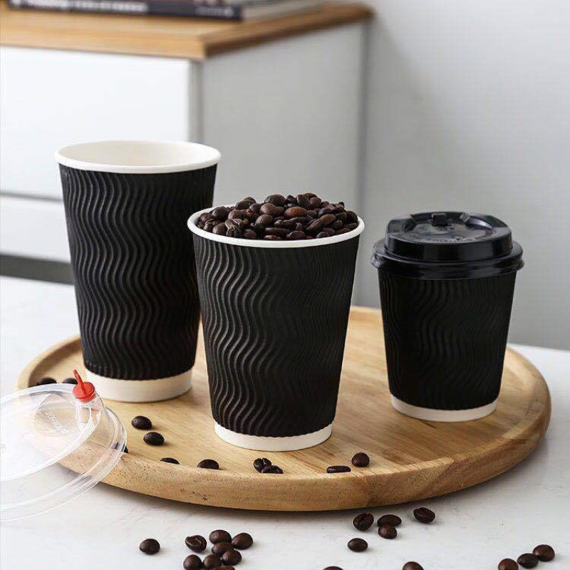 Custom Wholesale 8oz Ripple Wall Takeaway Cafe Hot Coffee Black Paper Cup