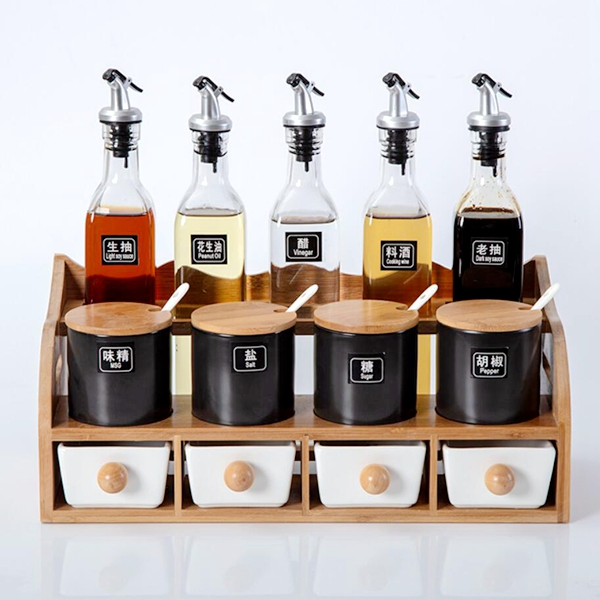 Kitchen Storage Jar with Drawer Glass Oil Bottle Bamboo Container Set