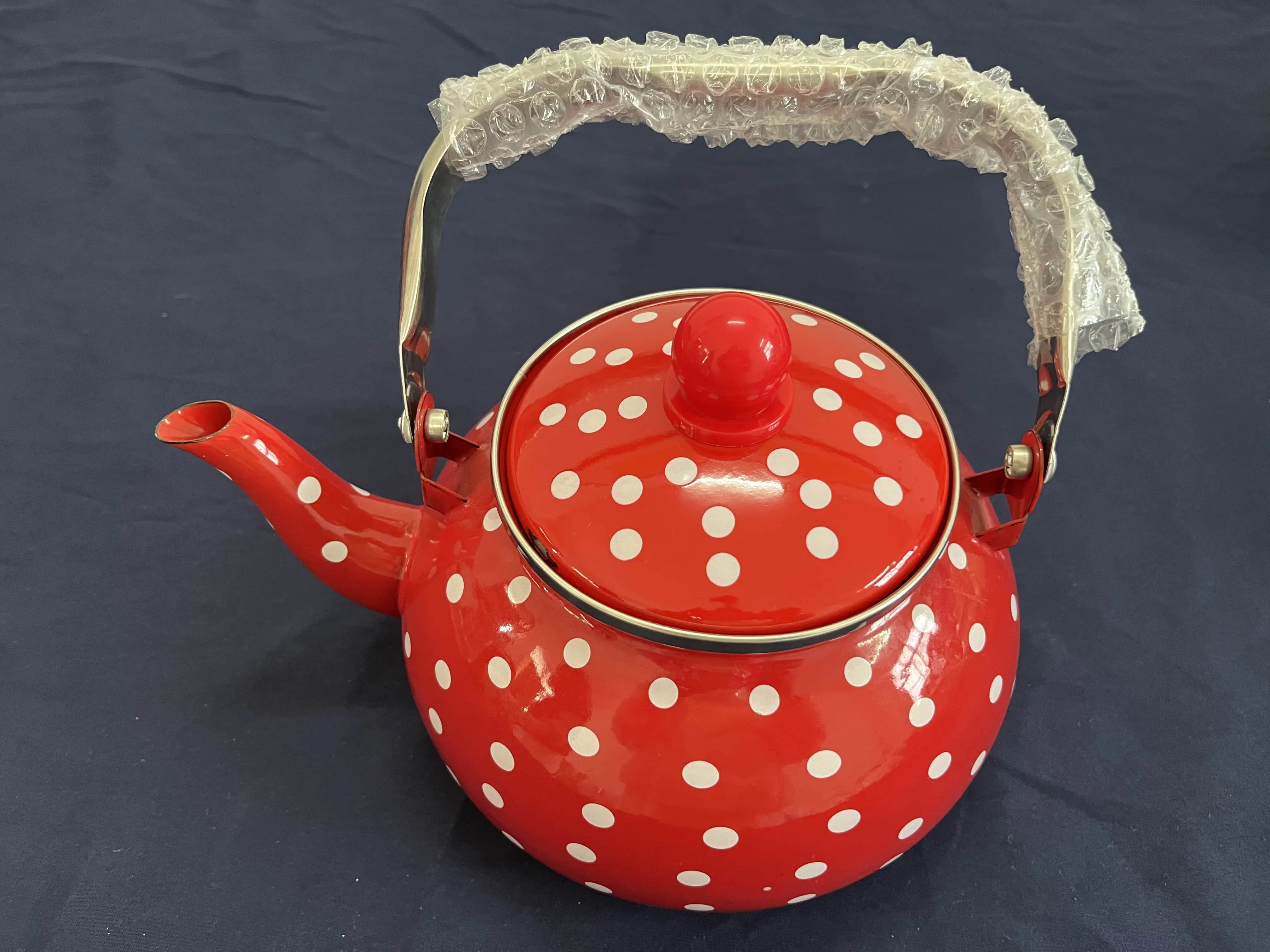 Red Enamel Kettle with White Spots Stainless Steel Handle Round Teapot