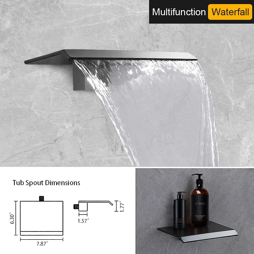 Luxury Shower Set with Waterfall Tub Spout - 12 Inch Ceiling Rain Shower Head and Handhled Spray, Bathtub Combo, Thermostatic Valve Can Use All Faucet Set