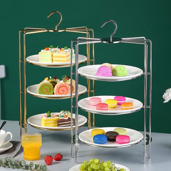 Three-Layer Ceramic Plate Dim Sum Rack Dessert Buffet Stainless Steel Pastry Fruit Tray