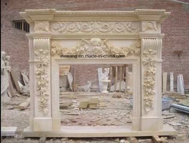 Natural Handcarving Stone Fireplace with White/Beige Marble
