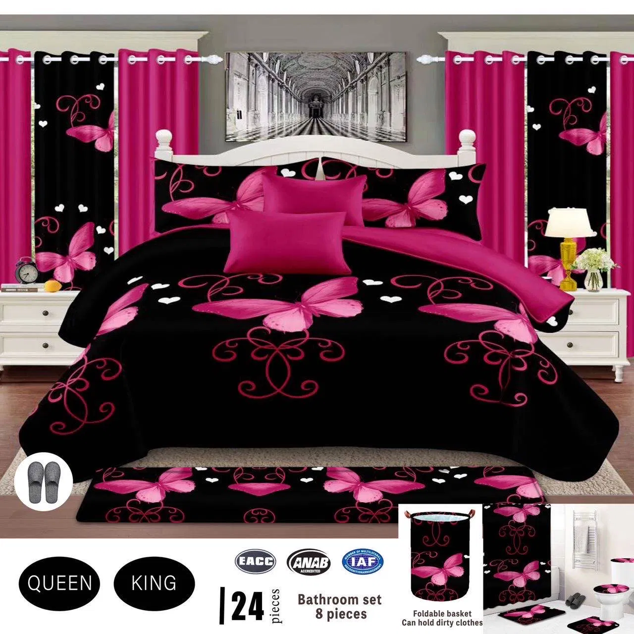 Bathroom 8PCS Suite Printed Quilted Bedding Set Black Polyester Home Hotel Textile 24-Pieces ODM Pillowcases Bedspread with Curtain Supplier