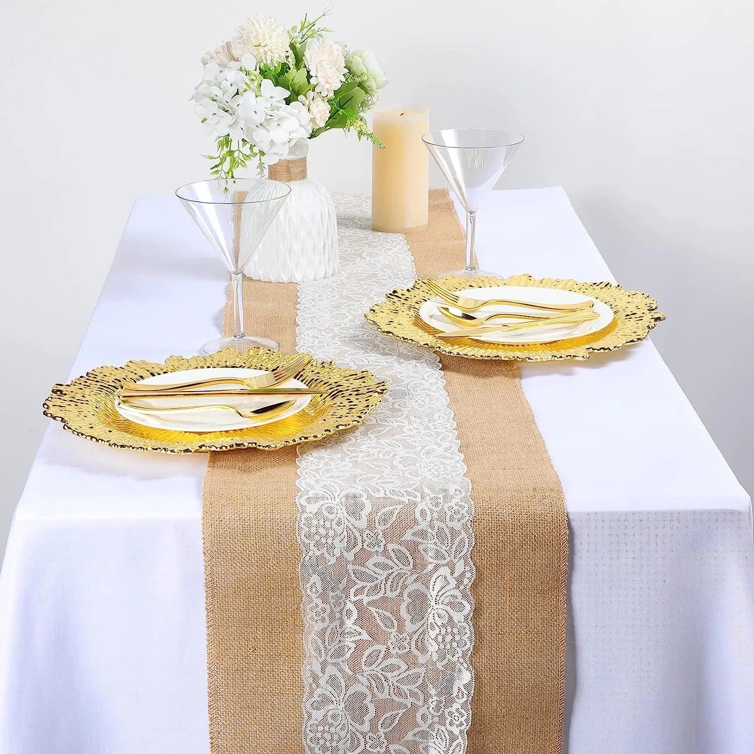Burlap Table Runner with White Lace Hessian Table Cloth