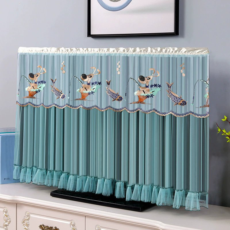 TV Dust Cover Embroidery Lace Fabric Monitor Screen Protector Home Decorations with Elastic