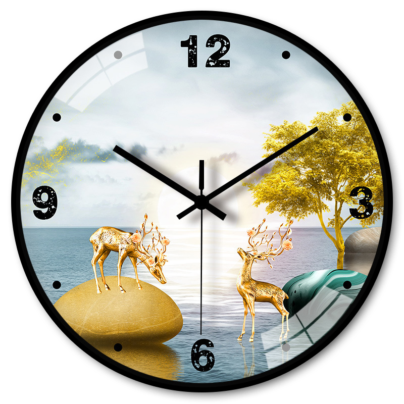 Golden Deer Seaside Tree Wall Clock, Luxury Home Decor Timepiece