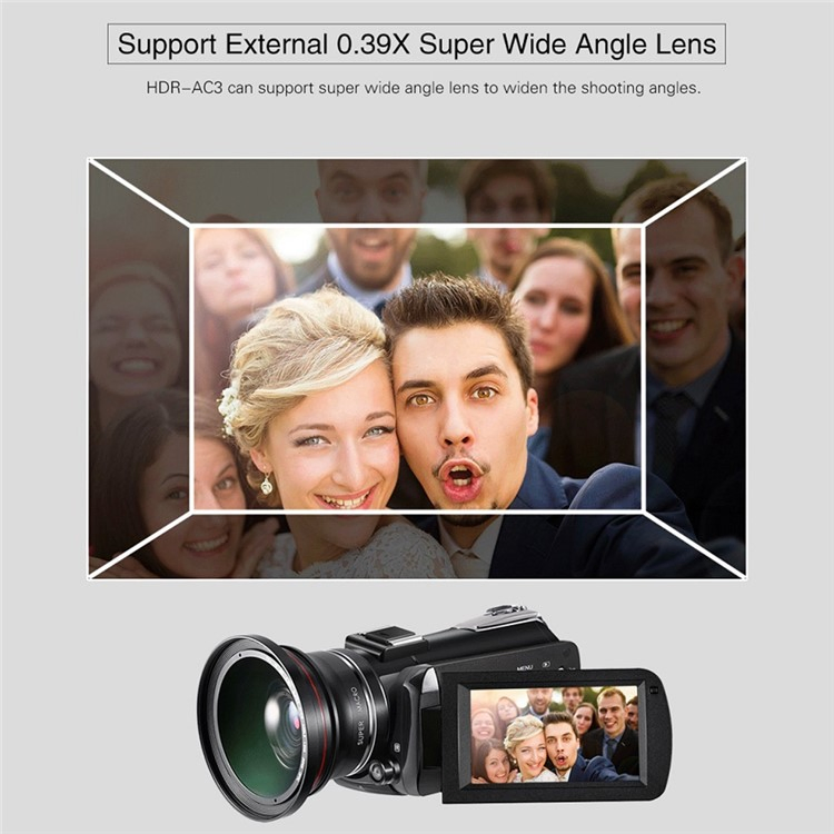 Ordro AC3 Camcorder 4K Video Digital Camera WiFi Connection 30fps 60fps Vlog Camera IR Night Vision 3.0-Inch IPS Screen Camcorder with Microphone and Lens Hood