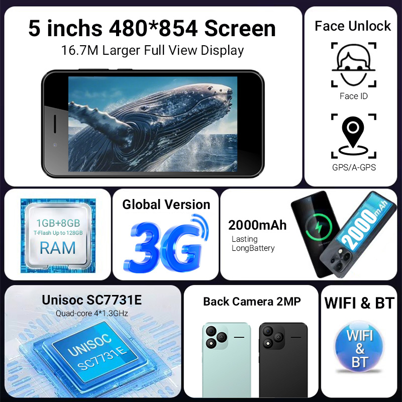5" 3G Unisoc Sc7731e Quad Core Android13 Dual SIM 2000mAh Battery Smartphone