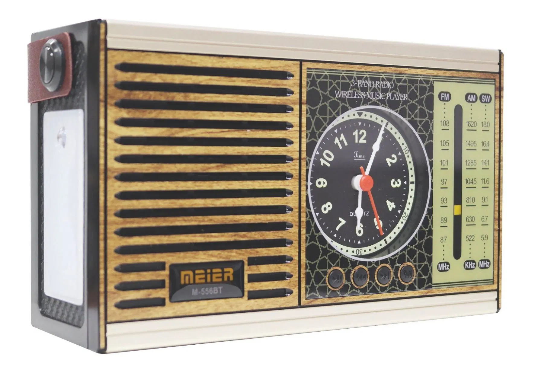 Meier M-556bt Portable 3-Band Am FM Sw Radio, TF Card and MP3 Player, Rechargeable Speaker, Bluetooth Retro Design Clock Mini Radio