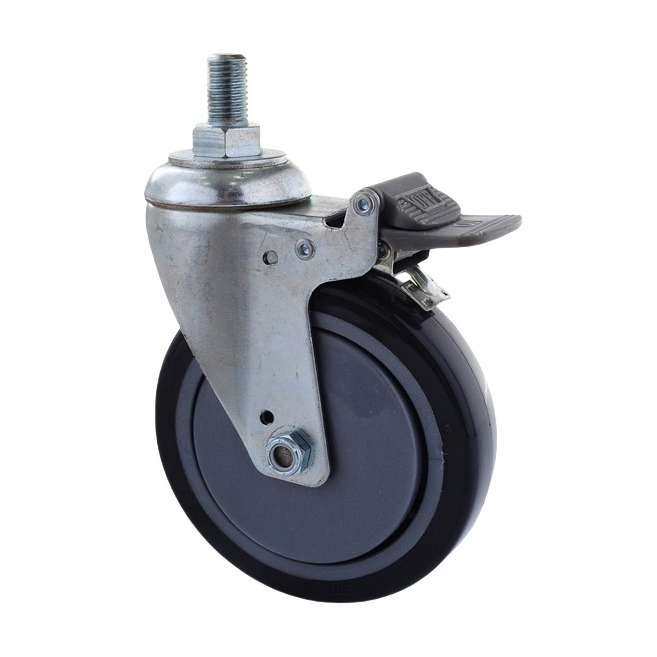Low Noise Steel and Nylon PA6 Swivel Single Wheel Caster, High Load-Bearing Capacity Cycl Trundle with Total Brake and Round Stem